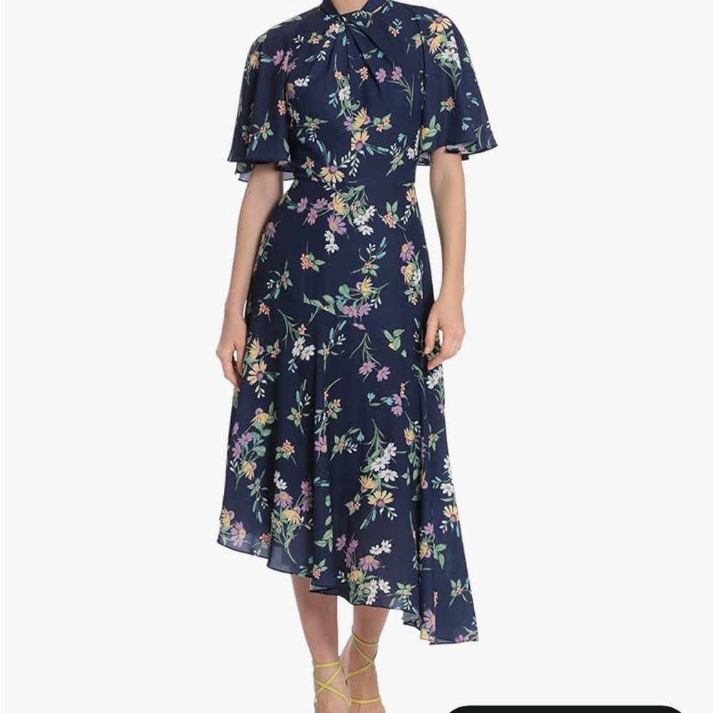 Maggy London Womens Floral Printed Flutter Sleeve Midi Dress